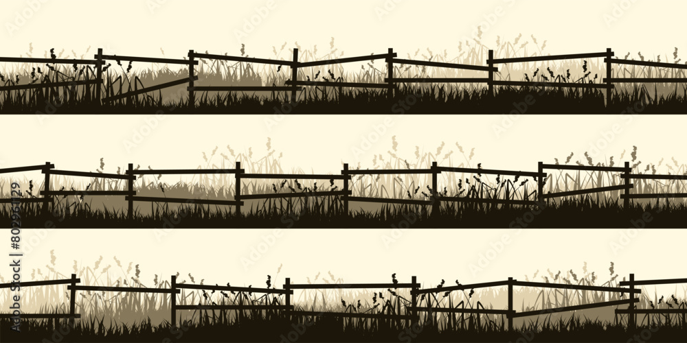 Naklejka premium Meadow silhouettes with grass and old wooden fence. Countryside, panoramic summer lawn rural landscape with herbs, weeds. Herbal border, frame element. Brown horizontal banners. Vector illustration