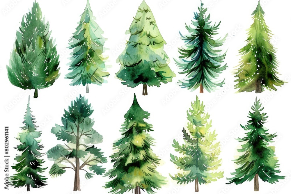 Watercolor trees on a white background. Perfect for nature-themed designs