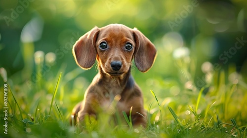 Innocent dachshund puppy with pleading eyes sitting in a field of green grass, epitomizing purity and simplicity