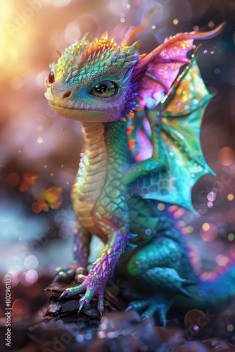A vibrant dragon perched on a rocky mound, suitable for fantasy themes © Fotograf