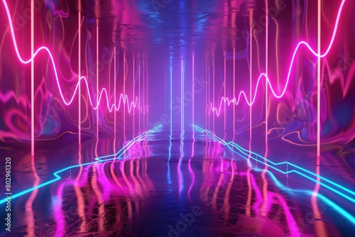 A tunnel illuminated by neon lights, perfect for urban concepts