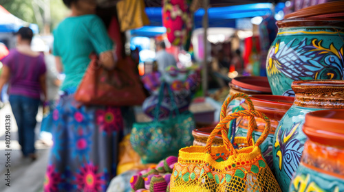 Vibrant outdoor market with colorful pottery and handicrafts, bustling shoppers in the background, copy space