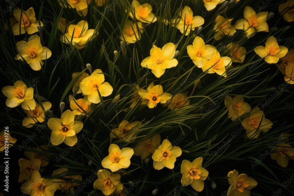 Yellow daffodils on a dark background, close-up Yellow daffodils on a dark background, close-up