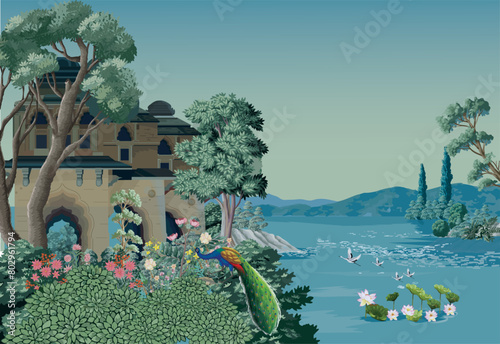 Mughal garden, peacock, arch, bird illustration for wallpaper. Botanical tree landscape illustration.