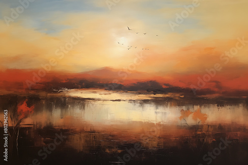 An abstract oil painting of landscape  lake. Art painting  canvas  wall art  modern artwork  paint strokes  knife painting  large stroke painting  mural  wall art  oil painting  oil paint.