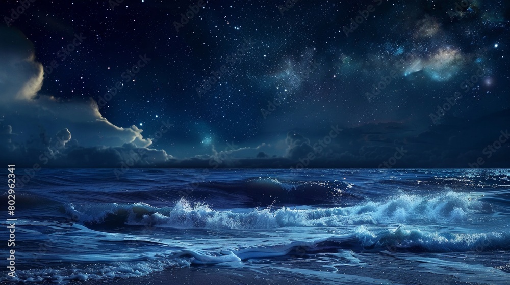 Peaceful blue waves rolling under a starry night sky, a serene blend of nature s beauty at night Peaceful blue waves rolling under a starry night sky, a serene blend of nature s beauty at night