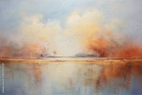 An abstract oil painting of landscape  lake clouds. Art painting  canvas  wall art  modern artwork  paint strokes  knife painting  large stroke painting  mural  wall art  oil painting  oil paint.