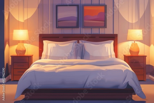 A bed in a bedroom with two lamps. Suitable for home decor websites