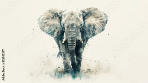 Majestic elephant with tusks walking on sandy terrain. Suitable for wildlife and nature themes #802962397