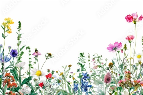 A vibrant field of wildflowers on a clean white background. Perfect for nature-themed designs