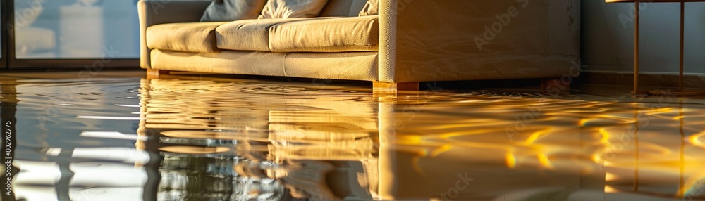 Serene yet somber reflection of home furniture in the flooded floor under the soft glow of evening light Serene yet somber reflection of home furniture in the flooded floor under the soft glow of evening light