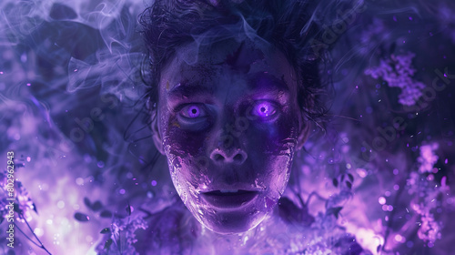 Portrait  mid-age woman with horror face  devil smile  radioactive violet eyes  blisters  forest in violet fog  Lovecraftian.