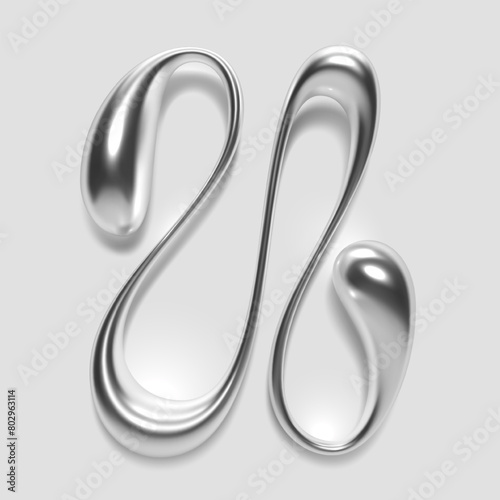 3D chrome liquid metal letter U, with a reflective glossy finish and abstract blob shape, designed for Y2K silver typography alphabet