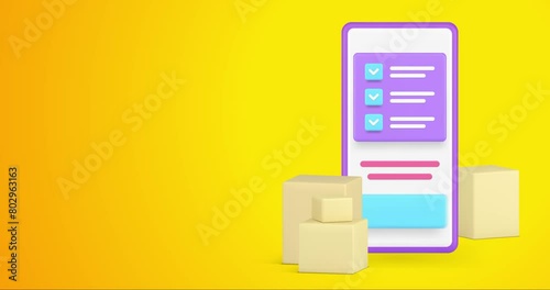 Icon animation of a smartphone displaying a checklist, alongside several packages, set against a vibrant yellow background, illustrating the process of online shopping and package delivery photo