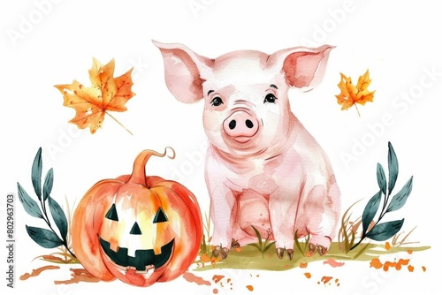 Wallpaper Mural A pig sitting next to a pumpkin and leaves, suitable for autumn themes Torontodigital.ca