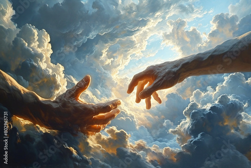 Religious concept of hope praying to god, hands raised to the cloudy sky. AI generated. photo