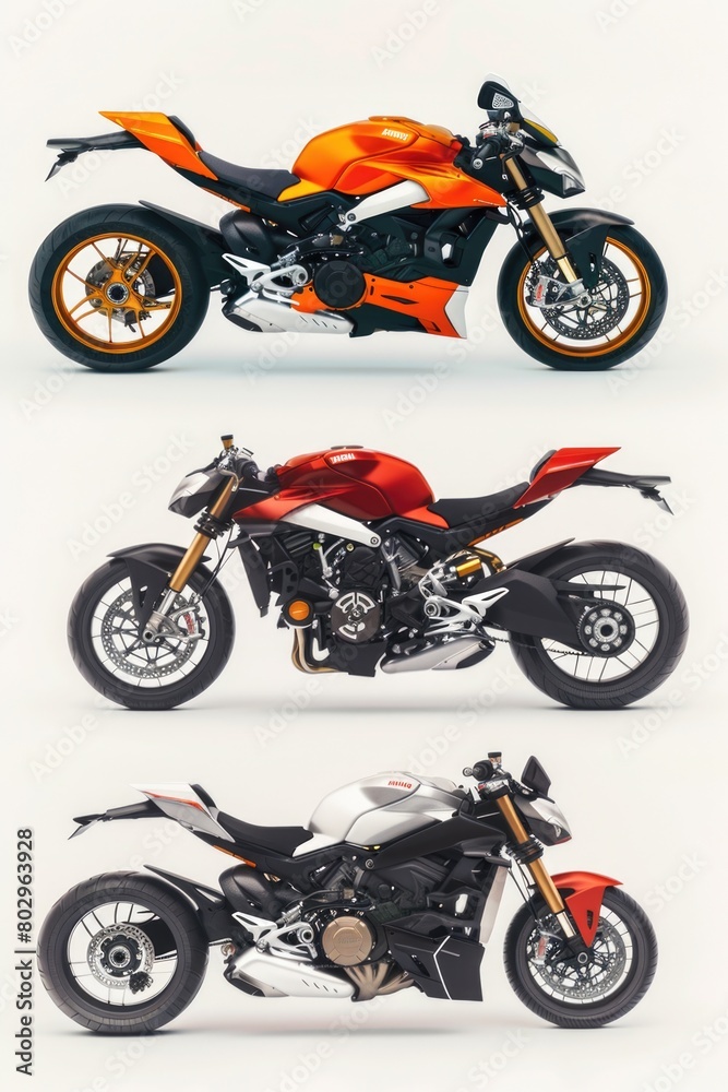 Obraz premium Four different motorcycles lined up in a row. Perfect for showcasing various motorcycle models