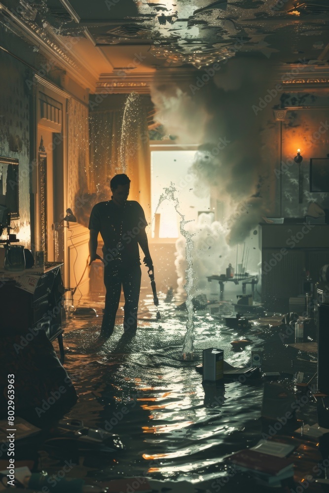 A man walking through a flooded room, suitable for disaster or renovation concepts A man walking through a flooded room, suitable for disaster or renovation concepts