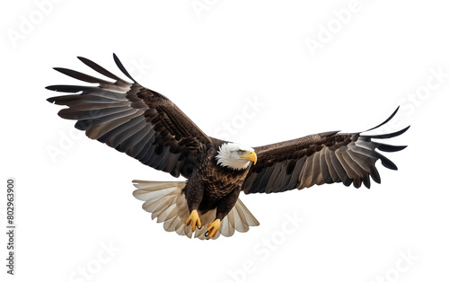 Majestic bald eagle in flight, wings outstretched, displaying power and grace against a white backdrop. Generative AI