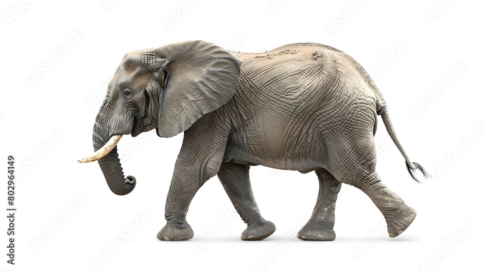Majestic African Elephant Walking Isolated on White Background. Wildlife in Natural Habitat Conceptualized in Realistic Style for Educational Use. Perfect for Nature Themes. AI