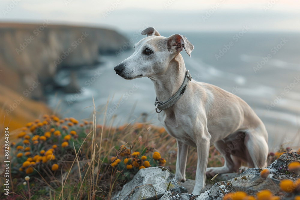 A regal greyhound posing majestically on a rocky cliff overlooking the ocean.