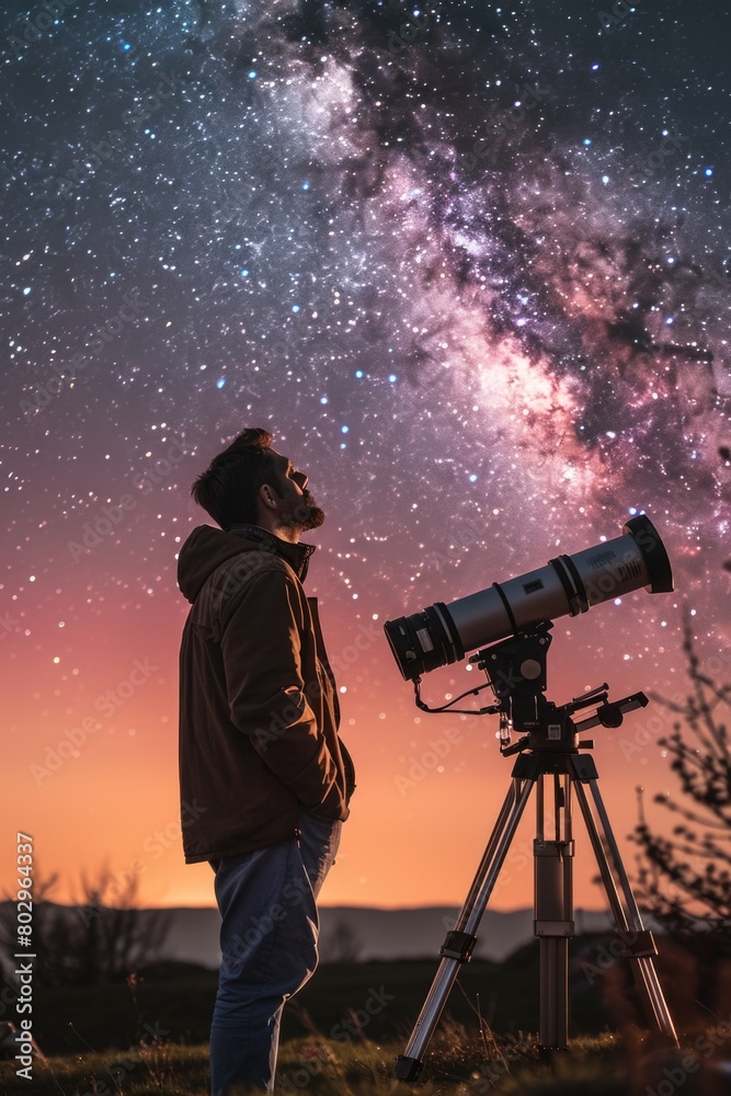 A man using a telescope to gaze at the stars, ideal for educational purposes