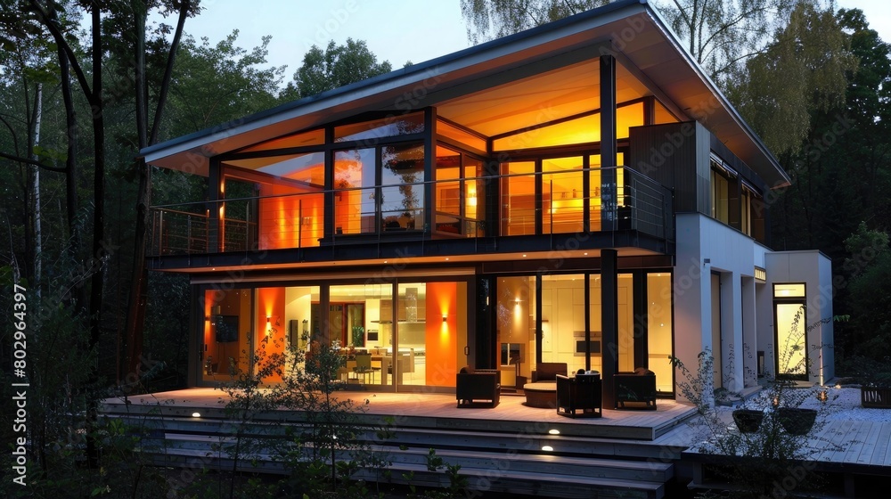 Contemporary house with illuminated interior and spacious deck