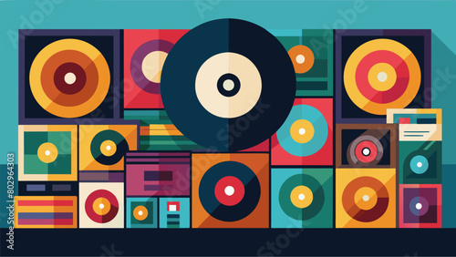 An array of colorful vinyl records on display showcasing the wide variety of albums that can be brought back to life through restoration. Vector illustration
