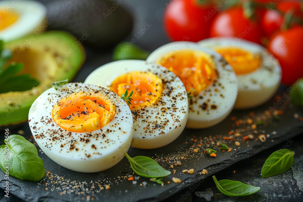 A plate of eggs with a sprinkle of pepper and basil. The plate is set on a black table A plate of eggs with a sprinkle of pepper and basil. The plate is set on a black table