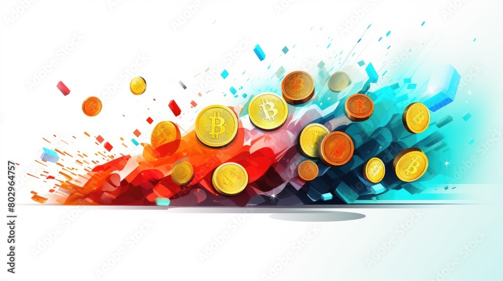 Obraz premium Cryptocurrency surge cartoon illustration - Generative AI. Golden, bitcoin, colorful, splash.