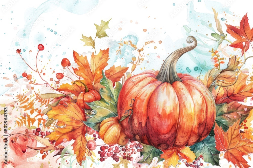 Watercolor painting of a pumpkin with fall foliage. Perfect for autumn-themed designs