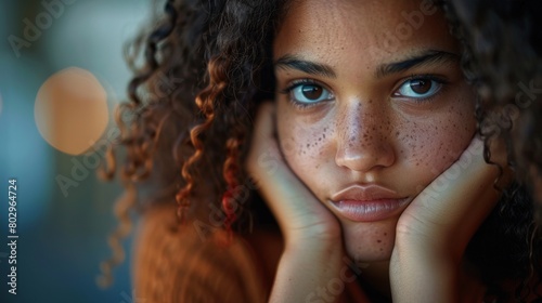 Intimate Portrait of a Young Woman with Curly Hair and Freckles. Generative ai