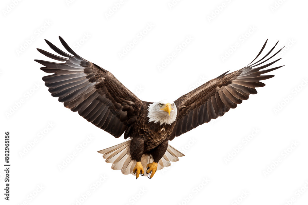 Majestic bald eagle in flight, wings outstretched, displaying power and grace against a white backdrop. Generative AI Majestic bald eagle in flight, wings outstretched, displaying power and grace against a white backdrop. Generative AI