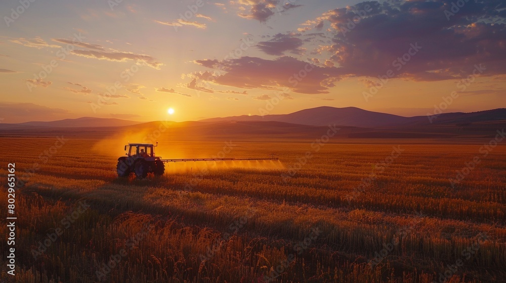 Fototapeta premium Tractor spraying crops in a picturesque agricultural setting at sunset