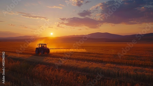 Tractor spraying crops in a picturesque agricultural setting at sunset