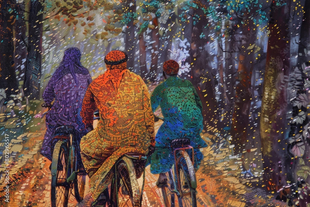 Fototapeta premium Three individuals cycling through a lush forest. Ideal for outdoor and recreational concepts