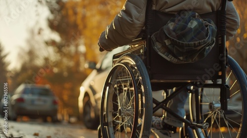 A person in a wheelchair on a city street, suitable for disability or urban lifestyle concepts