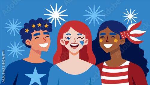 A giggling group of friends each with a unique and creative patriotic face paint design from glittery fireworks to the outline of the United States.. Vector illustration