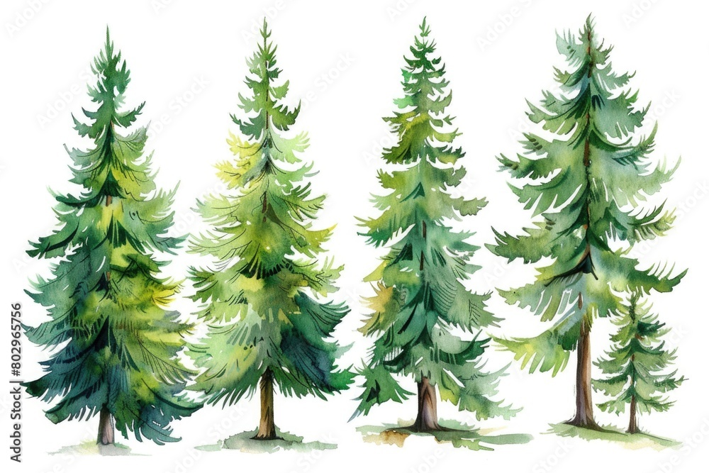 A realistic watercolor painting of a group of pine trees. Suitable for nature-themed designs