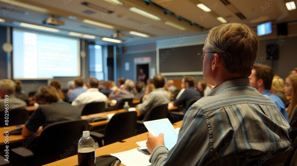Fototapeta premium Adult trainee utilizing a tablet during a professional development workshop