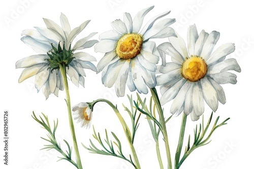 Beautiful watercolor painting of three daisies on white background. Perfect for botanical designs