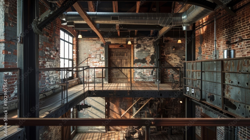 Elegant depiction of an industrial loft space, focusing on the interplay of wood, metal, and brick textures, ideal for a chic yet rough interior design theme Elegant depiction of an industrial loft space, focusing on the interplay of wood, metal, and brick textures, ideal for a chic yet rough interior design theme