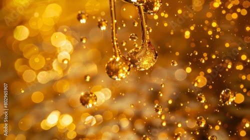 Dramatic shot of gold liquid as it drips, with a close-up on the shimmering droplets suspended in mid-air, reflecting light and creating a mesmerizing spectacle