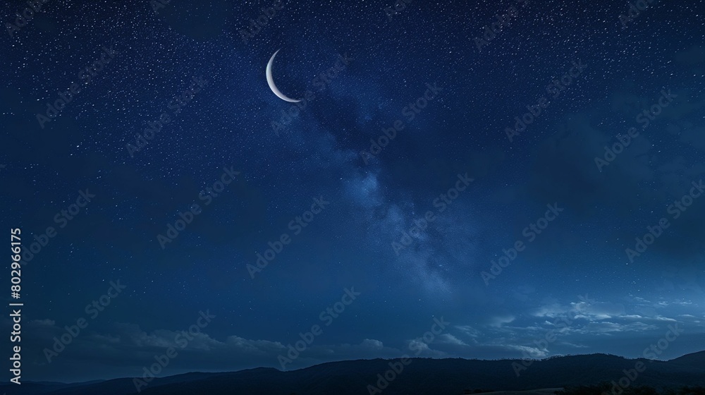 Crescent moon and stars over a night landscape. Night sky photography with celestial theme. Crescent moon and stars over a night landscape. Night sky photography with celestial theme.