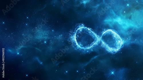 Infinity symbol glowing in cosmic space. Concept of eternity, universe, and abstract science. photo