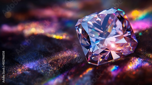 Image of a radiant cut diamond, illuminated by a focused beam of white light.