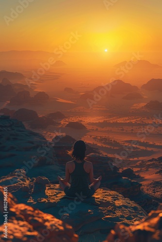 A woman sitting on top of a mountain at sunset. Perfect for travel and relaxation concepts