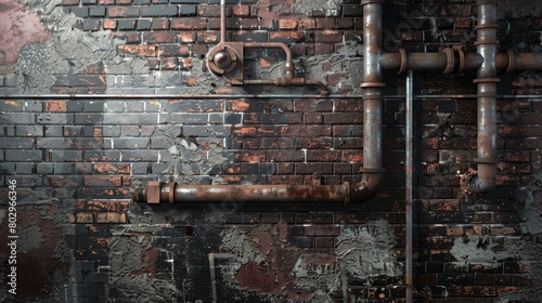 High-resolution image of an industrial style background featuring exposed brick walls and metal pipes, perfect for creating a rugged, urban aesthetic photo