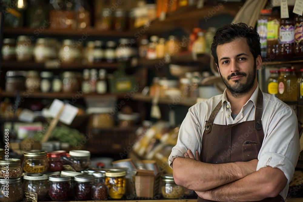 Artisanal Delights: Portrait of a Specialty Food Shop Owner in a Rustic Apron at Their Charming Shop Artisanal Delights: Portrait of a Specialty Food Shop Owner in a Rustic Apron at Their Charming Shop