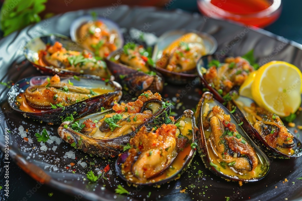 Plate of mussels with a fresh lemon wedge. Ideal for seafood menus Plate of mussels with a fresh lemon wedge. Ideal for seafood menus